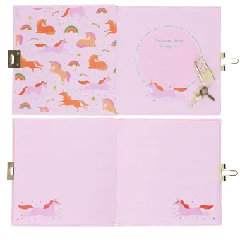 Open unicorn-themed secret diary showing lined pages, name page, padlock and keys.