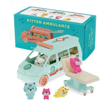 Toy kitten ambulance playset with ambulance, stretcher, three cat figures and retail box.