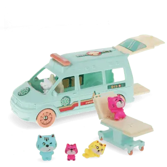 Toy kitten ambulance playset with ambulance, stretcher, three cat figures.