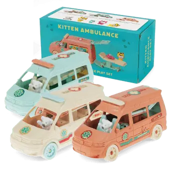 Toy kitten ambulance playset with ambulance, stretcher, three cat figures and retail box.