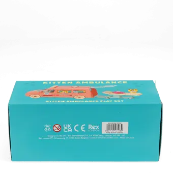 Kitten Ambulance play set retail box showing product branding, safety marks and barcode.