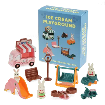 Ice Cream Playground playset with toy ice cream van, slide, swing, bunny figures and retail box.