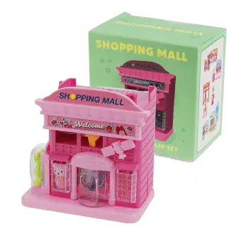 Pink toy shopping mall play set with miniature storefront and packaging box