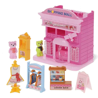 Pink toy shopping mall play set with miniature storefront a
