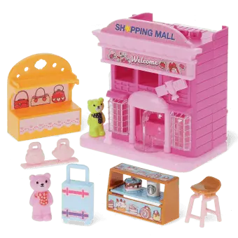Pink toy shopping mall play set with miniature storefront 