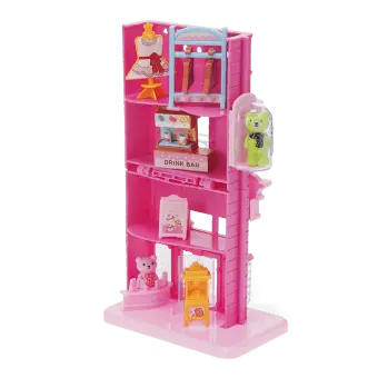Copilot said:  Pink toy shopping mall interior with clothing display, drink bar, and miniature bear figures