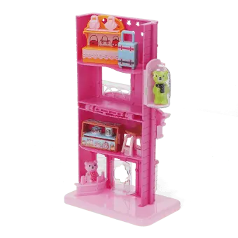 Copilot said:  Pink toy shopping mall interior with clothing display, drink bar, and miniature bear figures