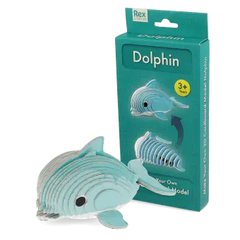 Make Your Own Dolphin 3D cardboard model kit with assembled dolphin and retail box.