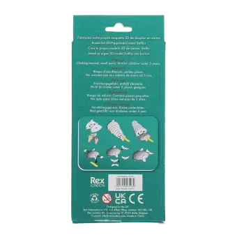 Back of Dolphin Make Your Own 3D Cardboard Model kit box with assembly instructions and barcode.