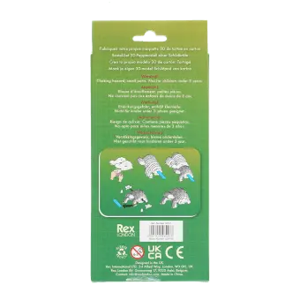 Back of Tortoise Make Your Own 3D Cardboard Model kit box with assembly instructions and barcode.