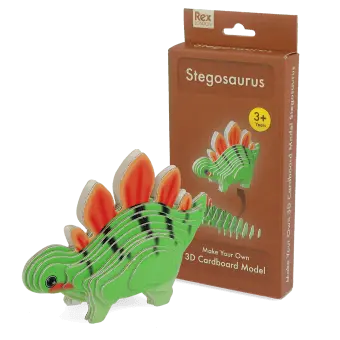 Make Your Own Stegosaurus 3D cardboard model kit with assembled dinosaur and retail box.