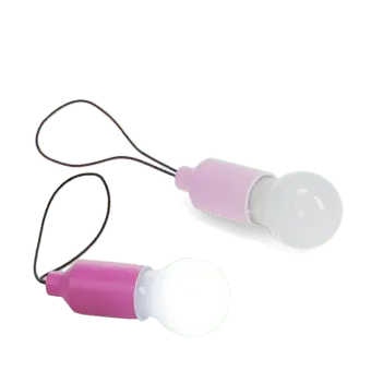 Pair of pink mini LED light bulb keyrings with black loop cords