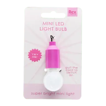 Bright pink mini LED light bulb keyring on retail backing card packaging