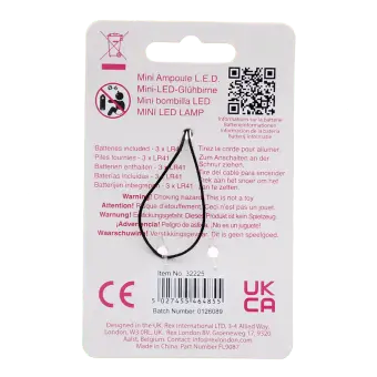 Back of mini LED light bulb keyring packaging with product information and safety warnings