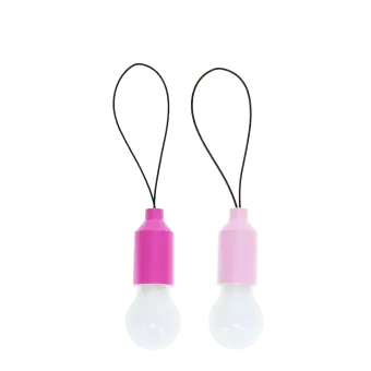 Pair of pink mini LED light bulb keyrings with black loop cords