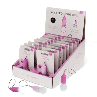 Mini LED light bulb keyring displayed beside countertop display box and retail packaging