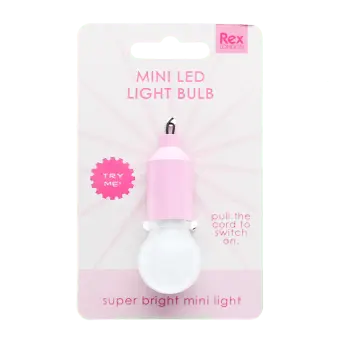 Pink mini LED light bulb keyring on retail backing card packaging