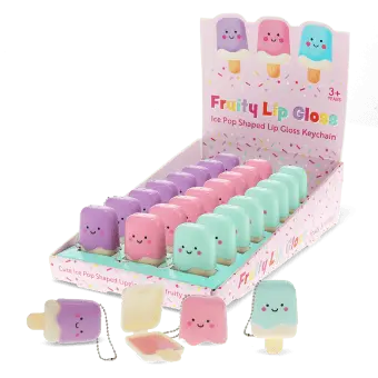 Ice lolly lip gloss keyrings in pink, green and purple shown in assorted colours