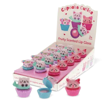 Cupcake-shaped fruity scented lip gloss pots with bear, cat mermaid and pink cat designs