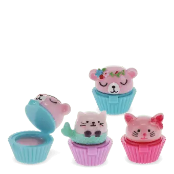 Assorted cupcake-shaped fruity scented lip gloss with pink cat, bear and cat mermaid designs
