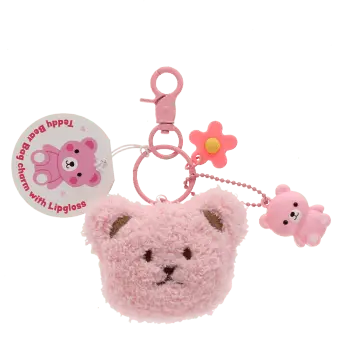 Pink teddy bear lip gloss keyring with plush pouch and flower charm with tag.