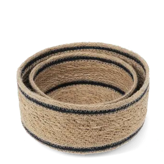 Set of two round woven storage baskets with black stripe detail.