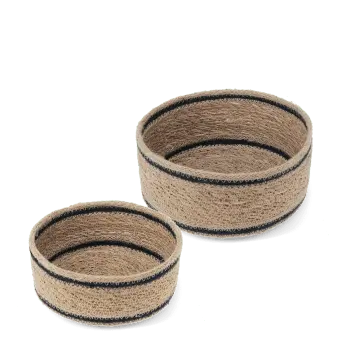 Set of two round woven storage baskets with black stripe detail.