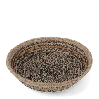 Conical jute bowl in natural, black and brown.