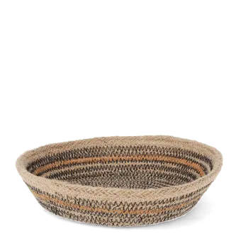 Conical jute bowl in natural, black and brown.