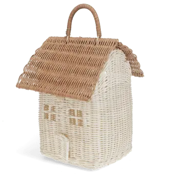White and natural rattan house-shaped basket with carry handle