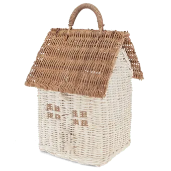 White and natural rattan house-shaped basket with carry handle
