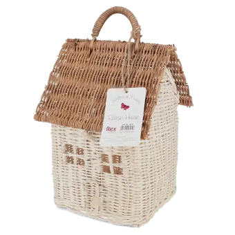 White and natural rattan house-shaped basket with carry handle