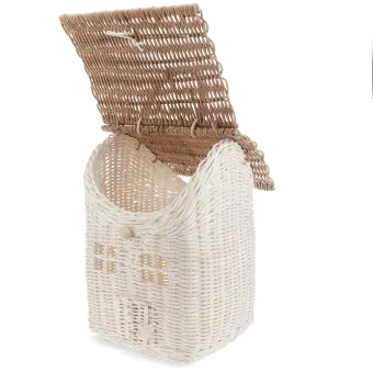 White and natural rattan house-shaped basket with carry handle