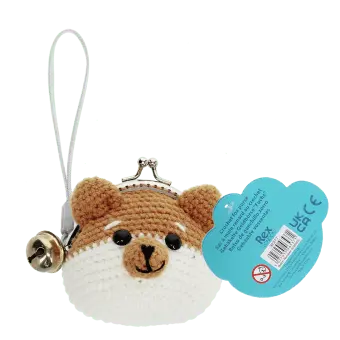 Crochet fox-shaped coin purse with a metal clasp and hanging bell charm with tag.