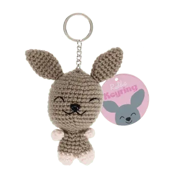 Crochet rabbit keyring with long ears and a silver metal keyring attachment with tag.