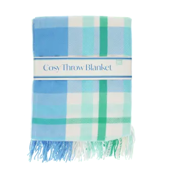 Blue, green and white check blanket folded.