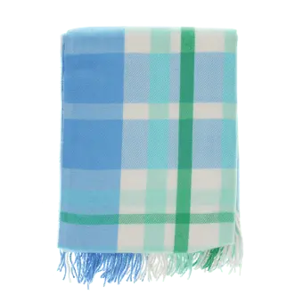Blue, green and white check blanket folded.