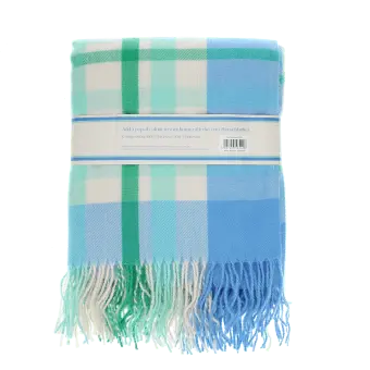 Blue, green and white check blanket folded.