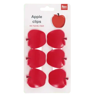 Set of 6 red apple-shaped bag clips on retail backing card packaging