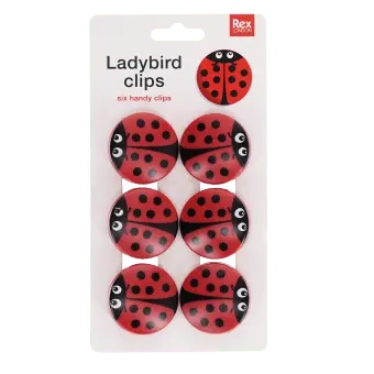 Set of 6 ladybird-shaped bag clips on retail backing card packaging