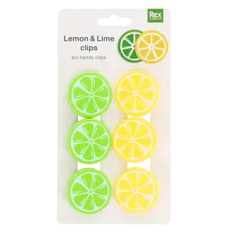 Set of six lemon and lime slice bag clips on retail backing card packaging