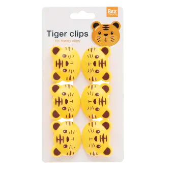 Set of six tiger-shaped bag clips on retail backing card packaging