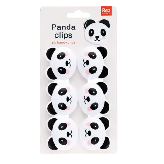 Set of six panda-shaped bag clips on retail backing card packaging