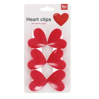 Set of six heart-shaped bag clips on retail backing card packaging