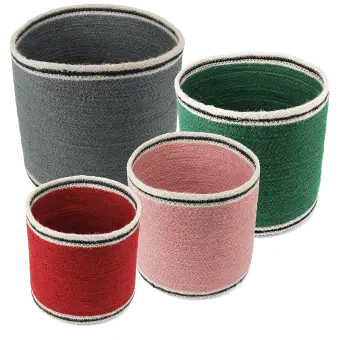Set of four nested woven jute baskets in grey, green, pink and red