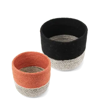 Set of two jute storage baskets in black and orange.