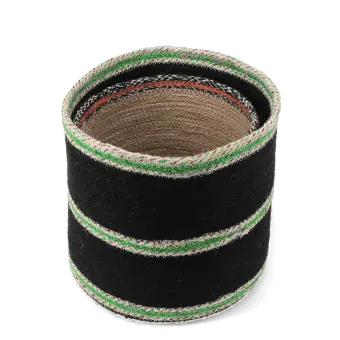 Set of two round jute storage baskets in natural and black.