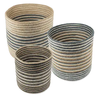 Set of three round jute striped jute baskets in assorted sizes.