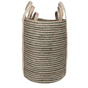 Set of three striped storage baskets with handles in assorted sizes.