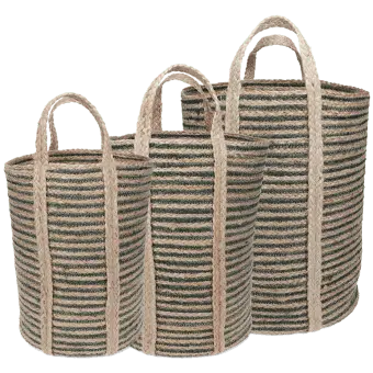 Set of three striped storage baskets with handles in assorted sizes.